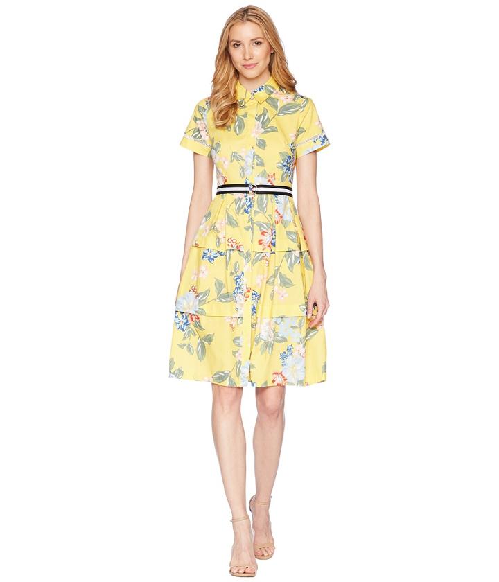 Donna Morgan Printed Cotton Poplin Shirtdress (sunny Yellow/blue Multi) Women's Dress