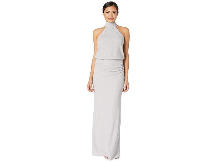 Laundry By Shelli Segal Metallic Knit Mock Neck Gown (light Grey/silver) Women's Dress