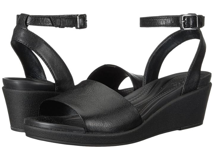 Crocs Leigh-ann Ankle Strap Leather (black) Women's Wedge Shoes