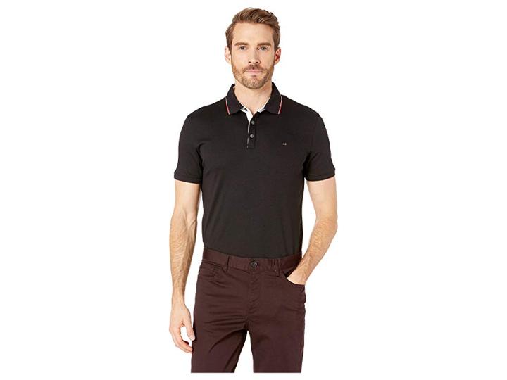 Calvin Klein Short Sleeve Solid Tipped Rib Collar Contrast Placket Collar Standard Polo (black Combo) Men's Clothing