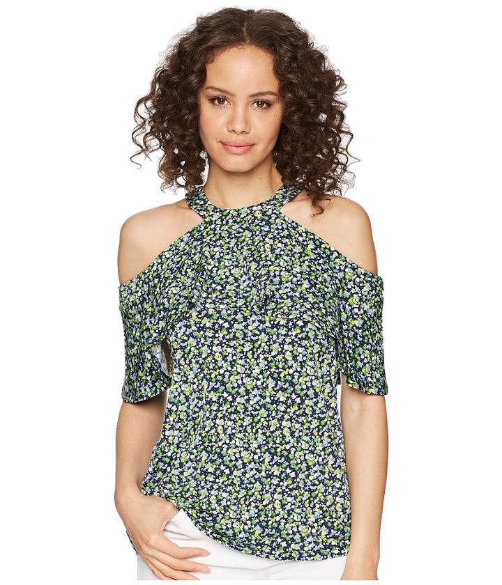 Michael Michael Kors Wildflower Flounce Halter Top (true Navy/green Apple Multi) Women's Clothing