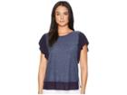 Two By Vince Camuto Ruffle Sleeve Mixed Media Top (indigo Night Heather) Women's Clothing