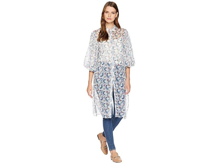 Vince Camuto Bubble Sleeve Boutique Floral Side Tie Tunic (antique White) Women's Blouse