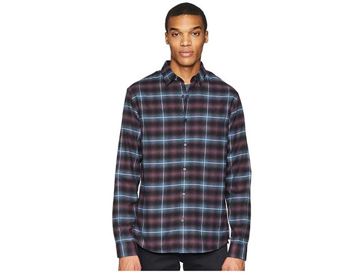 Vince Shadow Plaid Grid Long Sleeve (mulberry) Men's Clothing