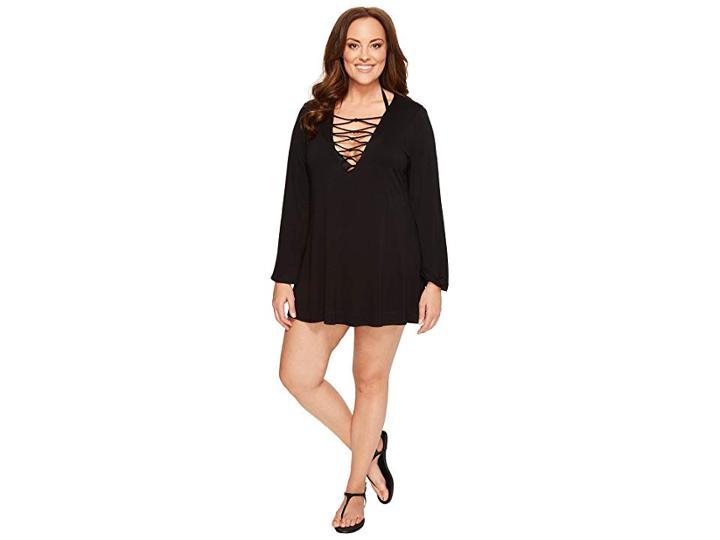 Bleu Rod Beattie Plus Size Knotty But Nice V-neck Plunge Dress Cover-up (black) Women's Swimwear