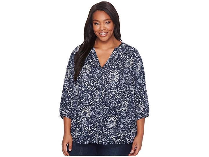 Nydj Plus Size Plus Size Pintuck Blouse (indigo Katazome Prussian Navy) Women's Blouse