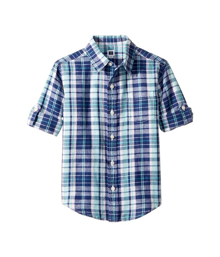 Janie And Jack Roll Sleeve Button-up Shirt (toddler/little Kids/big Kids) (teal Plaid Linen) Boy's Long Sleeve Button Up