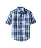 Janie And Jack Roll Sleeve Button-up Shirt (toddler/little Kids/big Kids) (teal Plaid Linen) Boy's Long Sleeve Button Up