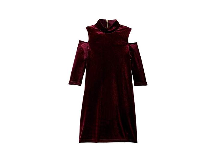 Us Angels Long Sleeve Mock Neck Cold Shoulder Velvet Bodycon Dress (big Kids) (berry) Girl's Dress