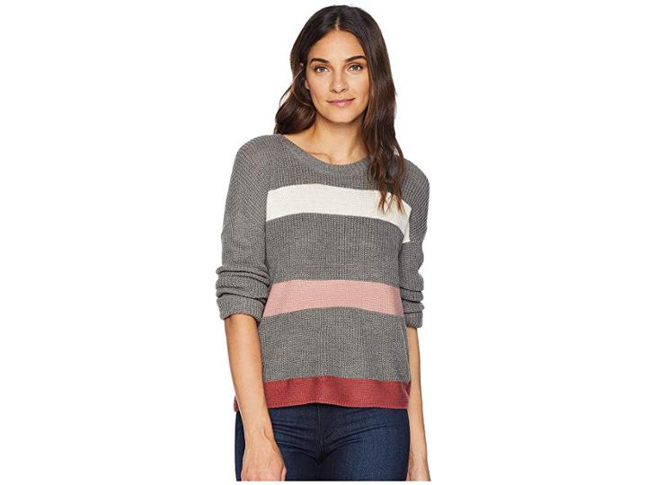 Pink Rose Scoop Neck Drop Shoulder Long Sleeve Meet And Greet Pullover Sweater W/ Stripes (grey Combo) Women's Sweater