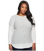 Two By Vince Camuto Plus Size Distressed Long Sleeve Mix Media Top (grey Heather) Women's Long Sleeve Pullover