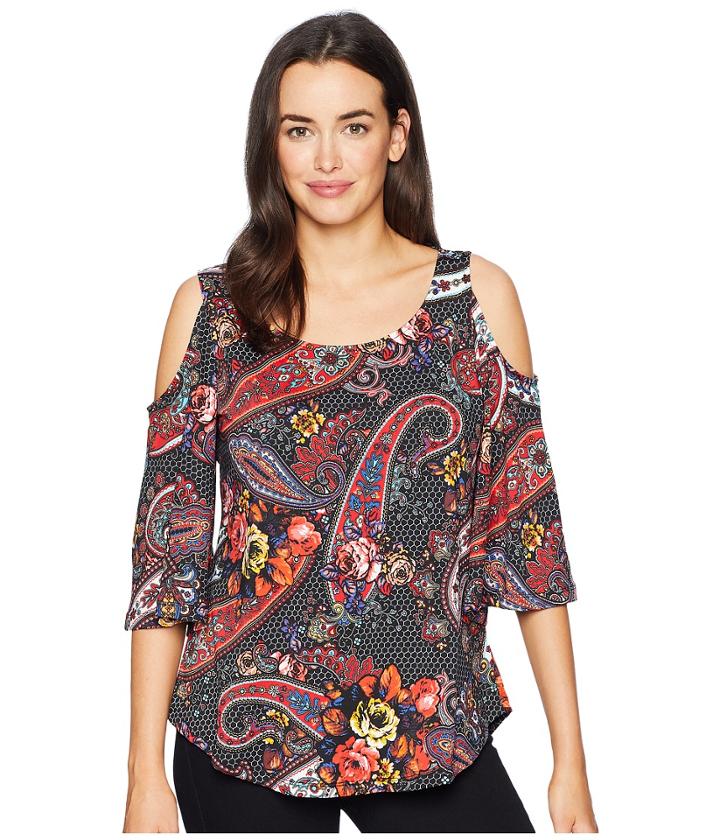 Eci Cold Shoulder 3/4 Sleeve Top (black/red) Women's Clothing