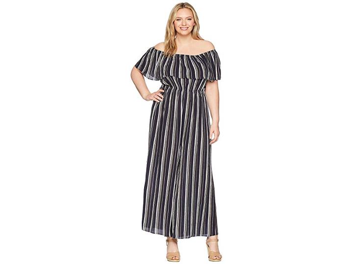 Kari Lyn Plus Size Layla Off The Shoulder Striped Jumpsuit (navy/white) Women's Jumpsuit & Rompers One Piece