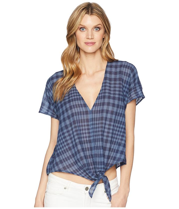 Lucky Brand Plaid Tie Top (blue Multi) Women's Short Sleeve Pullover