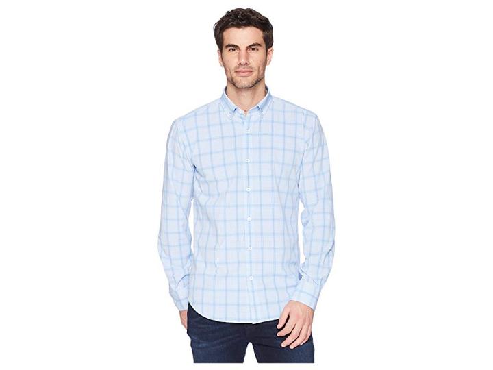 Bugatchi Shaped Fit Performance Plaid Woven Shirt (sky) Men's Long Sleeve Pullover
