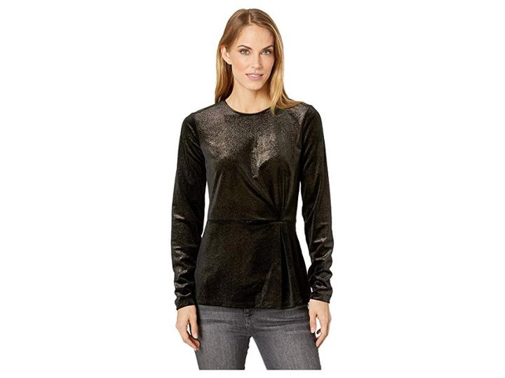 Michael Michael Kors Gathered Crew Neck Long Sleeve Top (black/gold) Women's Clothing