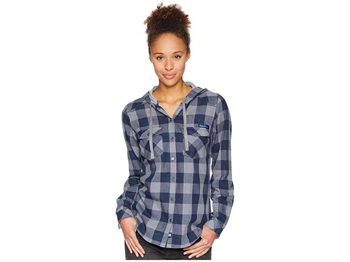Columbia Collegiate Times Twotm Hooded Long Sleeve Shirt (nc/collegiate Navy Check) Women's Long Sleeve Button Up