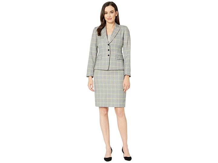 Tahari By Asl Plaid Peak Lapel Jacket Skirt Suit (grey/sunflower) Women's Suits Sets