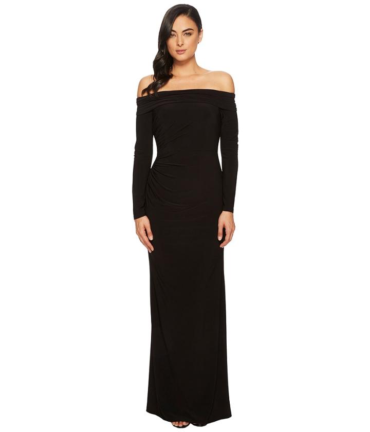 Adrianna Papell Long Sleeve Off The Shoulder Stretch Jersey Shirred Gown (black) Women's Dress