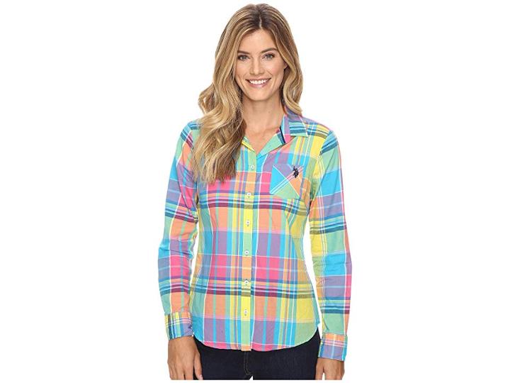 U.s. Polo Assn. Long Sleeve Woven Plaid Shirt (surf Blue) Women's Long Sleeve Button Up