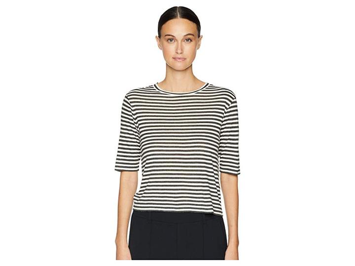Vince Midi Stripe Crop Tee (natural Cream/iron Grey) Women's T Shirt