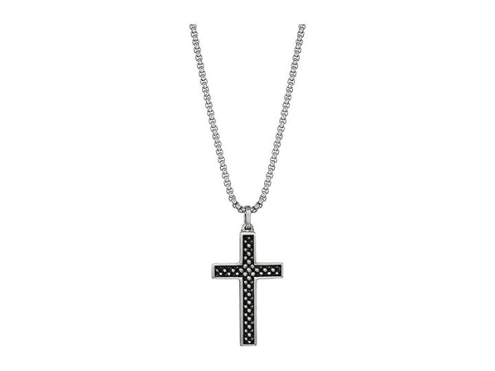 Steve Madden Box Chain With Textured Design Cross Pendant Necklace In Stainless Steel (silver/black) Necklace