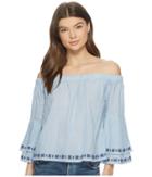 Lucky Brand Embroidered Off Shoulder Top (blue Stripe) Women's Clothing
