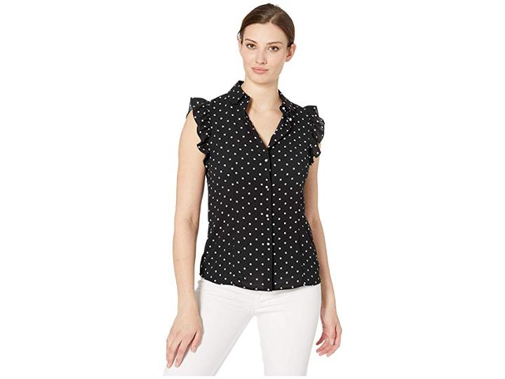 Anne Klein Dot Print Ruffle Sleeve Blouse W/ Peter Pan Collar (anne Black/anne White) Women's Blouse