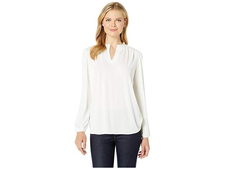 Eci 3/4 Bell Sleeve V-neck Top W/ Pleated Neck Trim (ivory) Women's Clothing