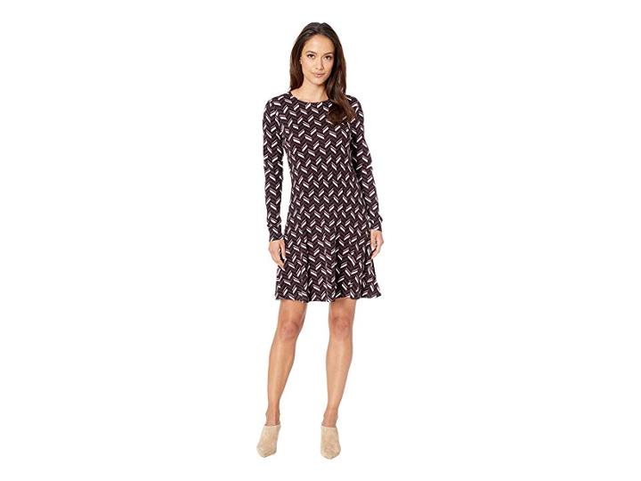 Michael Michael Kors Chevron Print Long Sleeve Flare Dress (cordovan) Women's Dress