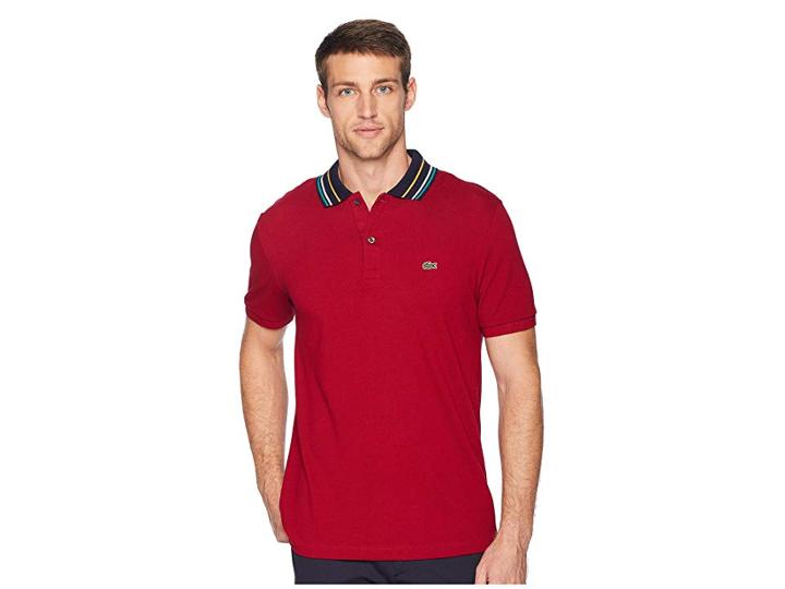 Lacoste Short Sleeve Slim Fit Semi Fancy Striped Collar Polo (bordeaux) Men's Clothing