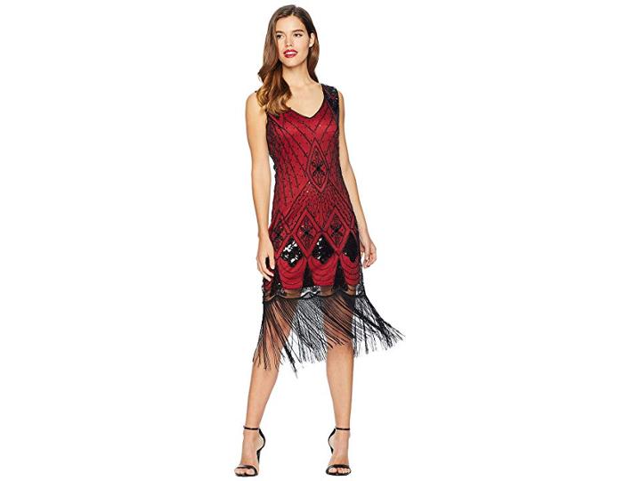 Unique Vintage Sequin Lina Fringe Flapper Dress (red/black) Women's Dress