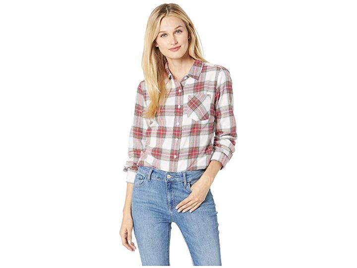 Alexander Jordan Long Sleeve One-pocket High-low Flannel Plaid Shirt (cream/red) Women's Clothing