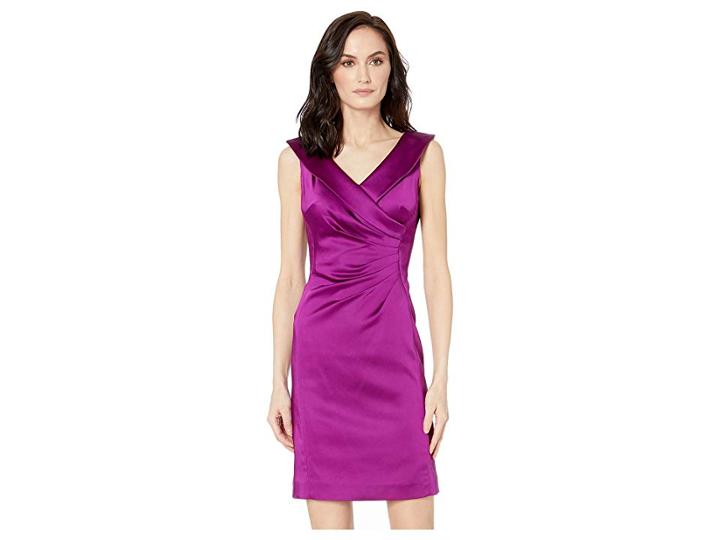 Tahari By Asl Stretch Satin Dress With Side Ruching And Portrait Neckline (currant) Women's Dress