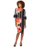Eci Ruffle Sleeve V-neck Floral Placed Scuba Crepe Dress (black/red) Women's Dress