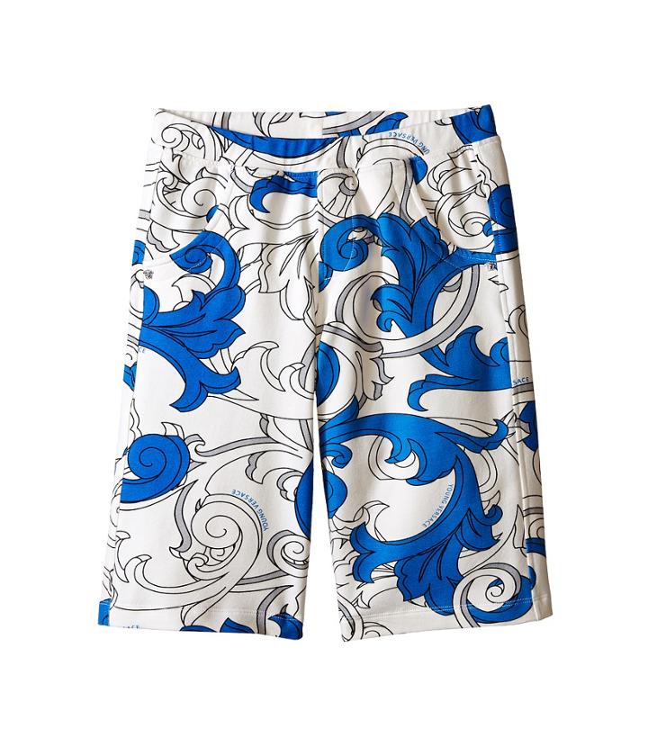 Versace Kids Shorts With All Over Macrobarocco Print (big Kids) (white/blue) Boy's Shorts