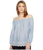 Nydj Off Shoulder Top W/ Embroidered Detail (matisse Blue) Women's Clothing