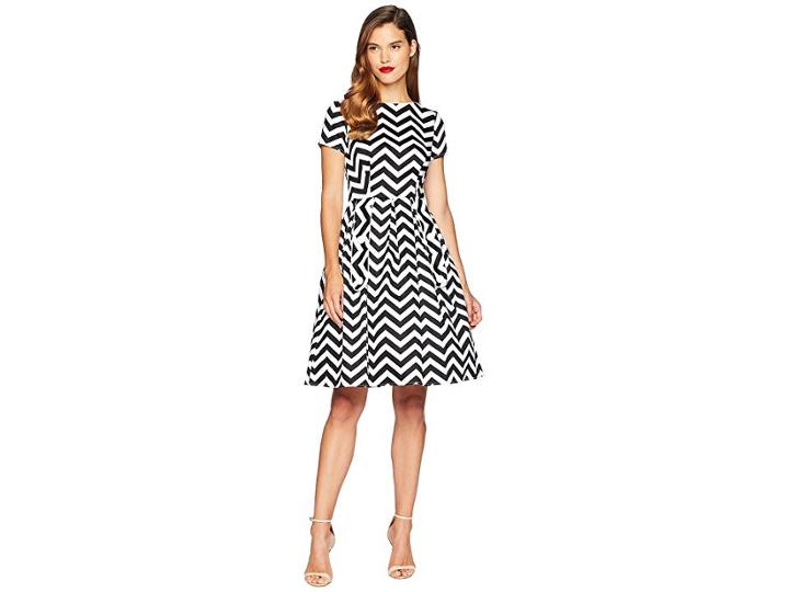 Unique Vintage Cotton Chevron Fit Flare Dress (black/white) Women's Dress