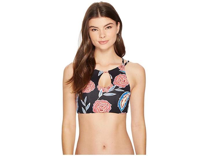 Roxy Softly Love Print Halter Crop Bikini Top (anthracite Mexican Roses) Women's Swimwear