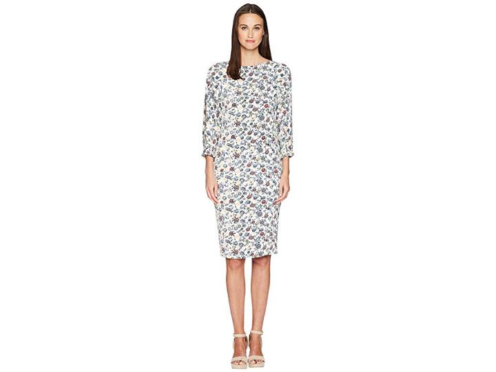 Adam Lippes Printed Crepe Boat Neck Dress W/ Balloon Sleeve (ivory/peach Multi) Women's Dress
