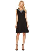 Ellen Tracy Fit Flare Pique Dress With V-neck (black) Women's Dress