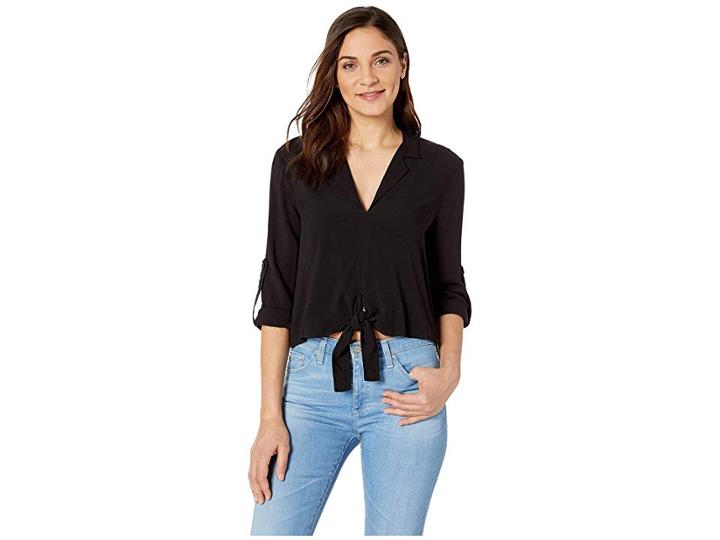 Bcbgeneration Tie Front Roll Sleeve Woven Top (black) Women's Clothing