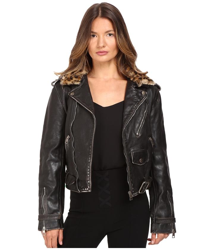 Just Cavalli Leather Moto Zip With Cat Accent Runway Jacket (black) Women's Coat