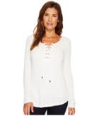 Tribal Long Sleeve Rid Knit Top W/ Lace-up Detail At Neck (cream) Women's Blouse