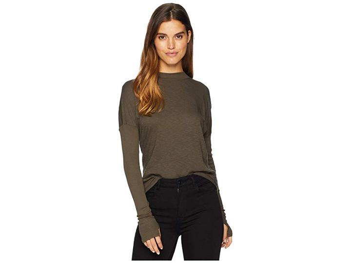 Michael Stars Supima Cotton Slub Long Sleeve Mock Neck Top With Thumbholes (loden) Women's Clothing