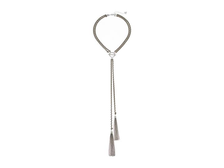 Guess Dainty Woven Chain Y-necklace With Tassel Ends (silver/taupe) Necklace