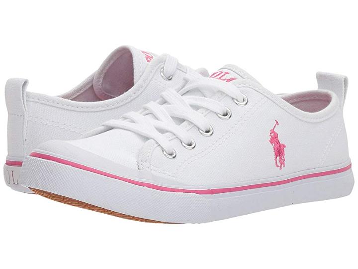 Polo Ralph Lauren Kids Karlen (little Kid) (white Canvas/baja Pink Pony Player) Kid's Shoes
