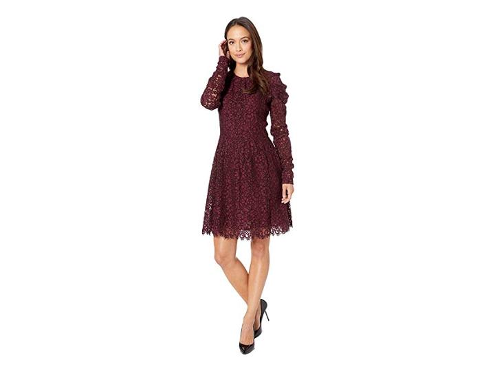 Michael Michael Kors Mesh Floral Lace Long Sleeved Dress (cordovan) Women's Dress