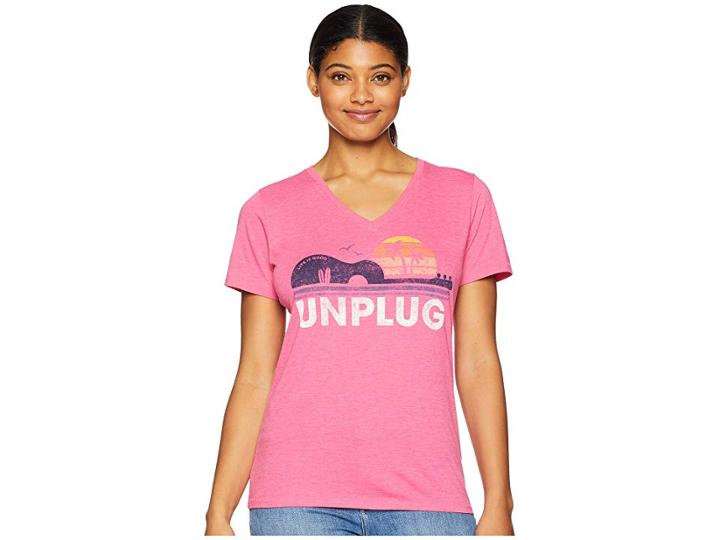 Life Is Good Unplug Beach Guitar Cool Vee (fiesta Pink) Women's T Shirt