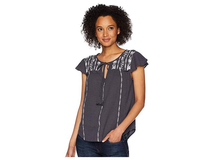Miss Me Keyhole Embroidered Ruffle Sleeve Top (charcoal Black) Women's Clothing